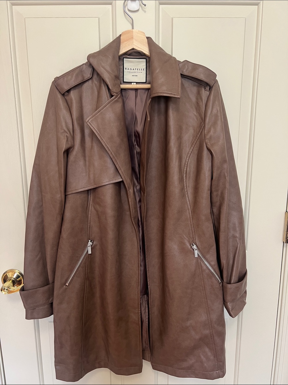 bagatelle Brown faux Leather Trench Coat with Zipper Pockets